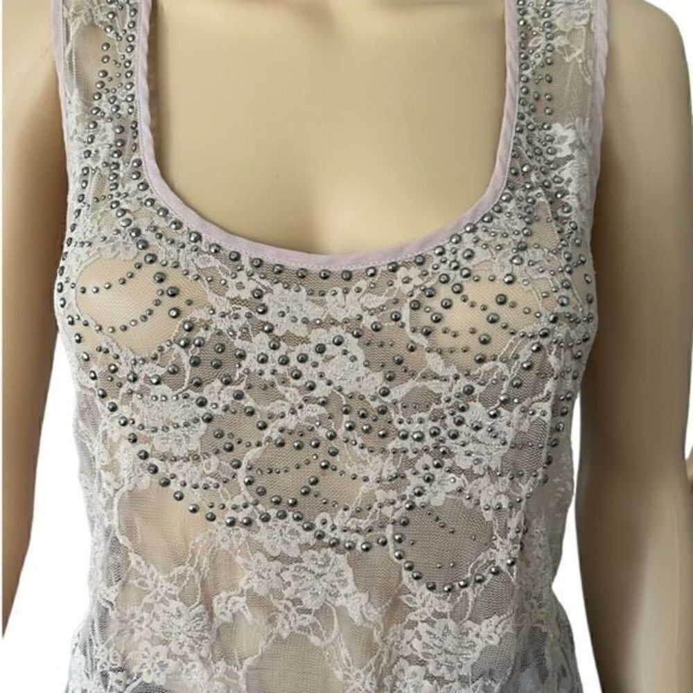 Charlotte Russe sheer mash floral/rose print top/blouse L tan sleeveless - Picture 4 of 16